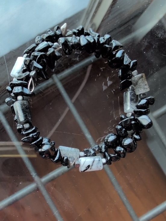 Hand Crafted Jewelry - Black and White Quartz  And Obsidian Beaded Memory Wire Bracelet